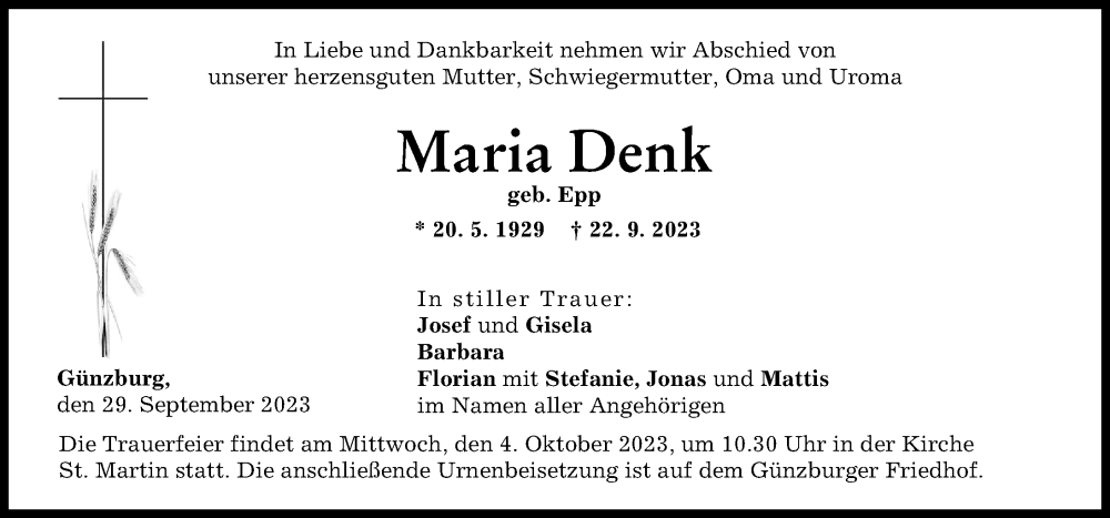  Traueranzeige für Maria Denk vom 29.09.2023 aus Günzburger Zeitung