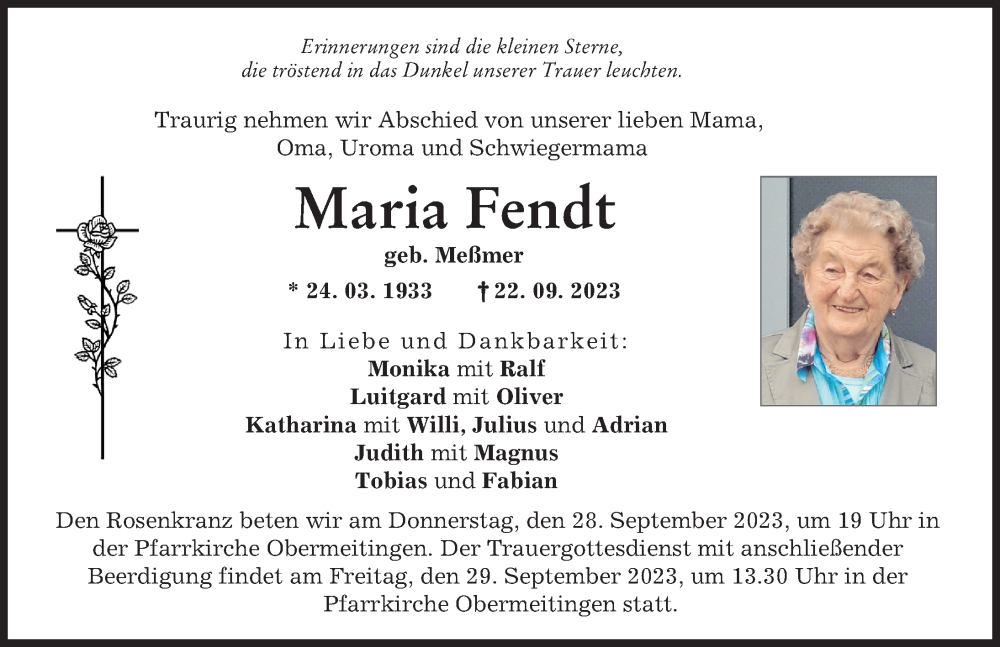  Traueranzeige für Maria Fendt vom 27.09.2023 aus Schwabmünchner Allgemeine