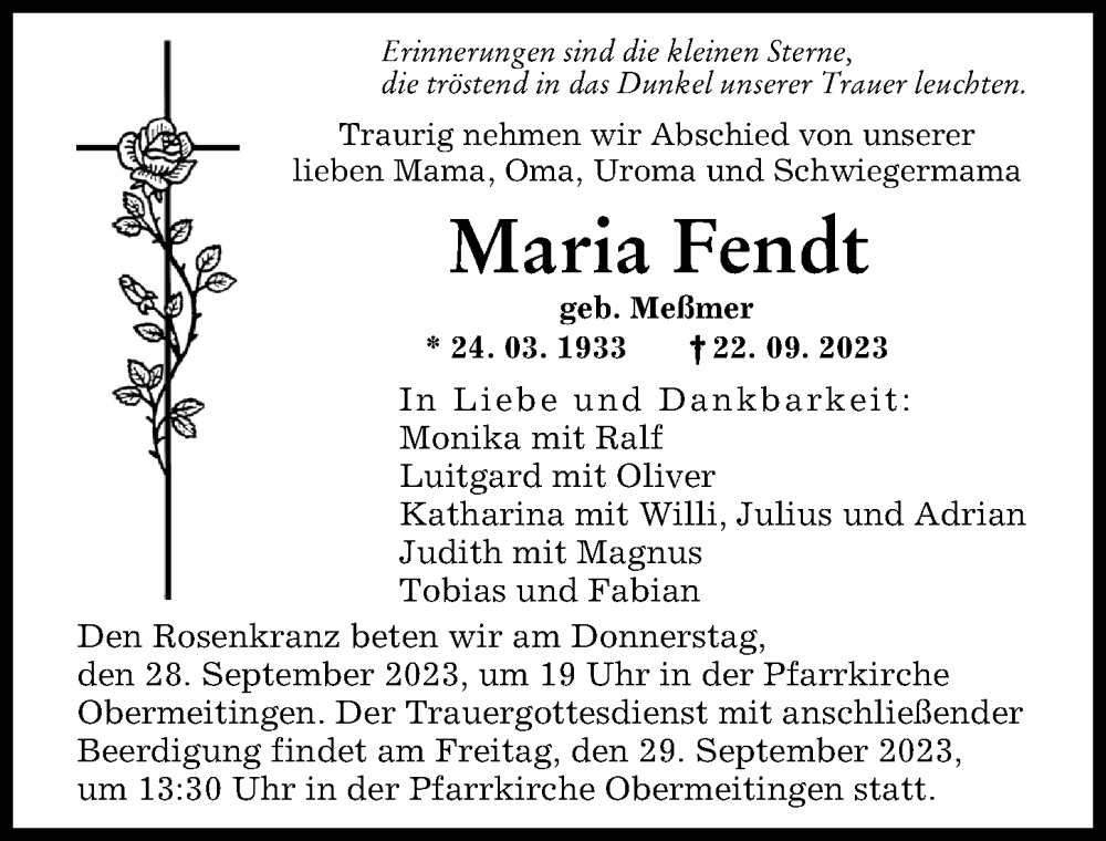 Traueranzeige von Maria Fendt von Augsburger Allgemeine
