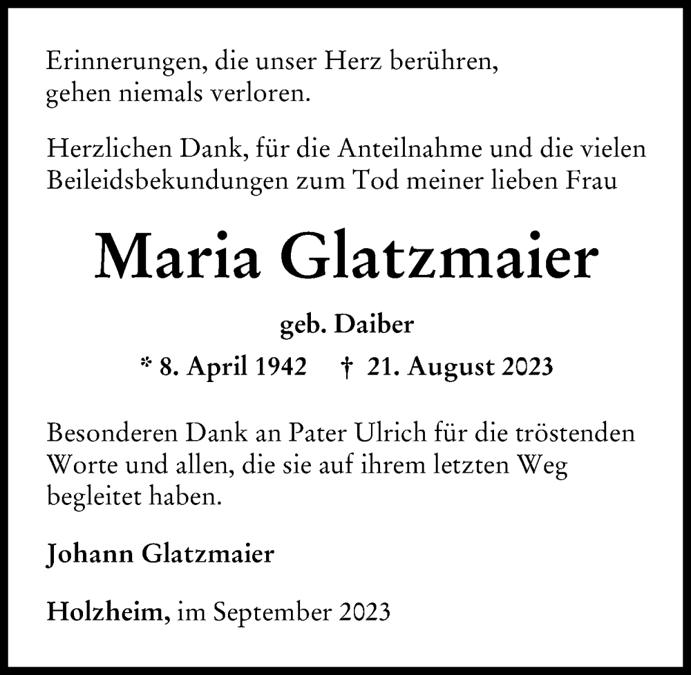 Traueranzeige von Maria Glatzmaier von Neu-Ulmer Zeitung