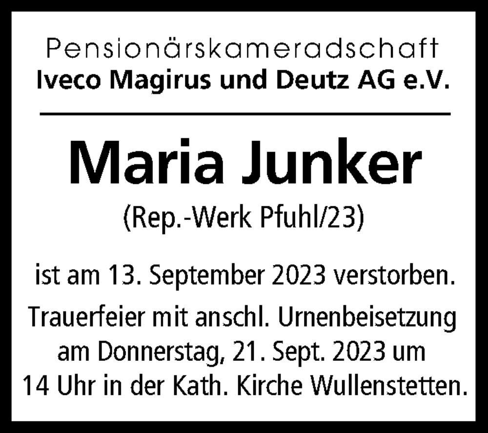 Traueranzeige von Maria Junker von Illertisser Zeitung, Günzburger Zeitung, Neu-Ulmer Zeitung