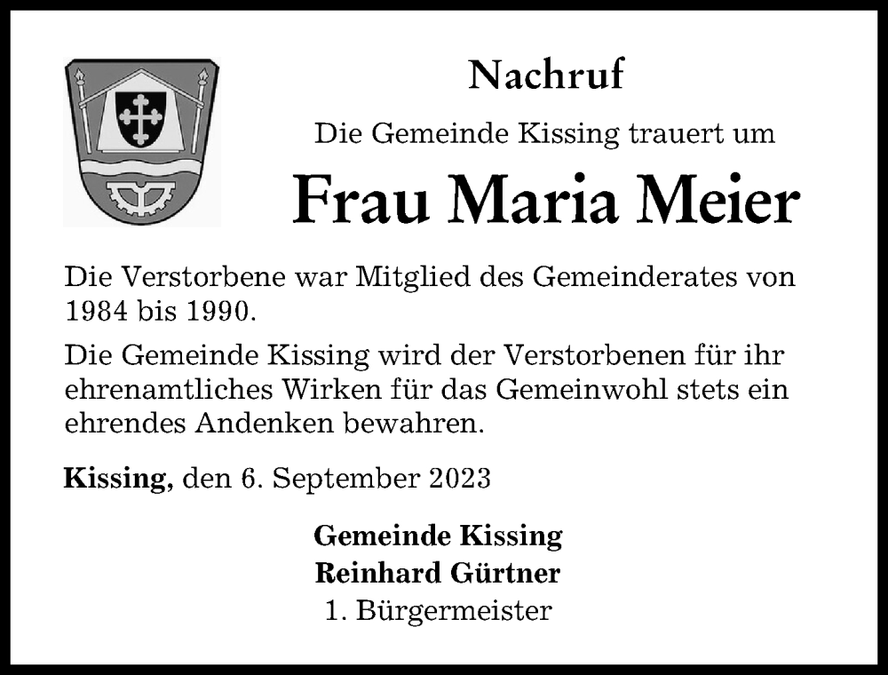 Traueranzeige von Maria Meier von Friedberger Allgemeine