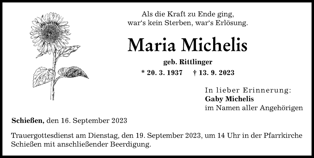  Traueranzeige für Maria Michelis vom 16.09.2023 aus Illertisser Zeitung, Neu-Ulmer Zeitung