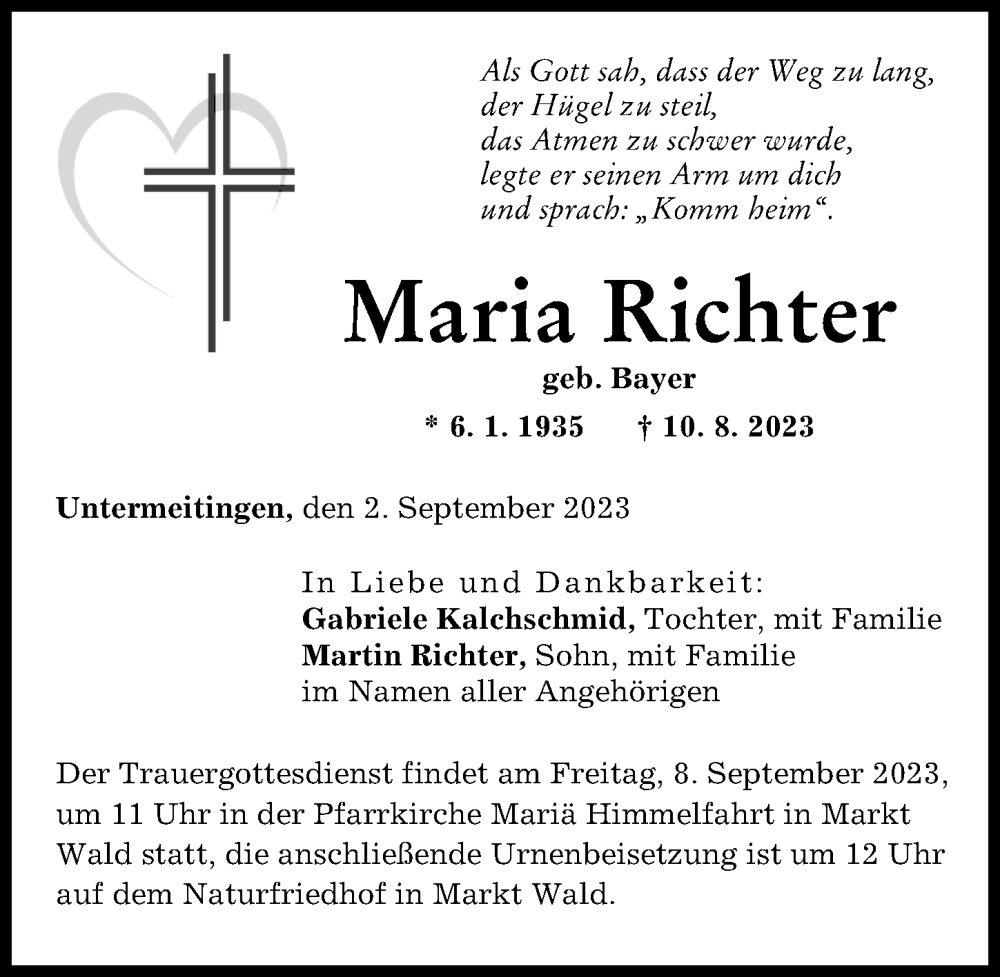 Traueranzeige von Maria Richter von Illertisser Zeitung