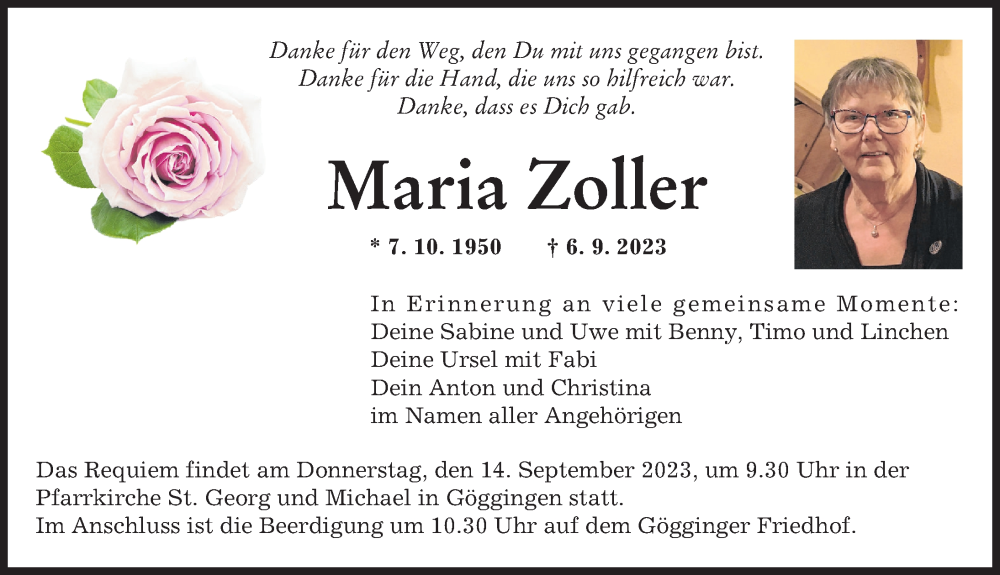 Traueranzeige von Maria Zoller von Augsburger Allgemeine