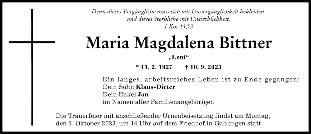  Traueranzeige für Maria Magdalena Bittner vom 23.09.2023 aus Augsburg-Land