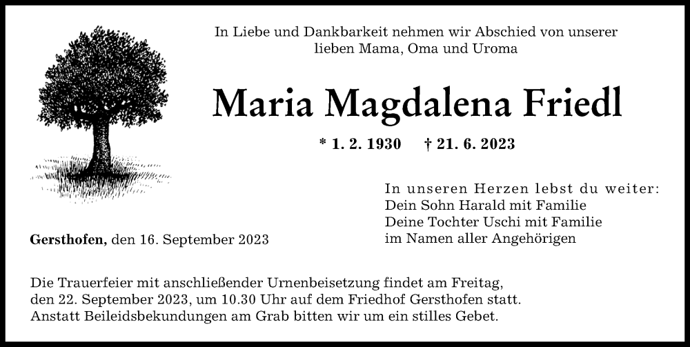 Traueranzeige von Maria Magdalena Friedl von Augsburger Allgemeine