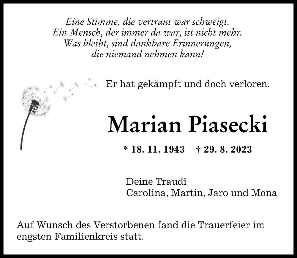  Traueranzeige für Marian Piasecki vom 23.09.2023 aus Augsburger Allgemeine