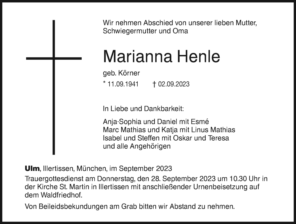  Traueranzeige für Marianna Henle vom 23.09.2023 aus Illertisser Zeitung
