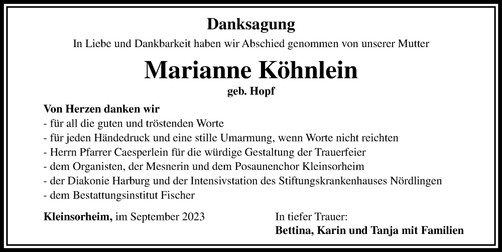 Traueranzeige von Marianne Köhnlein von Rieser Nachrichten