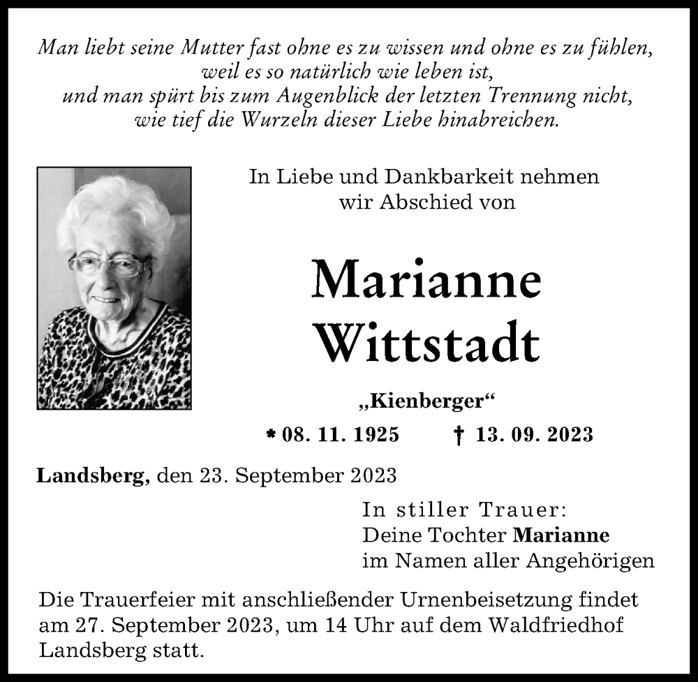  Traueranzeige für Marianne Wittstadt vom 23.09.2023 aus Landsberger Tagblatt