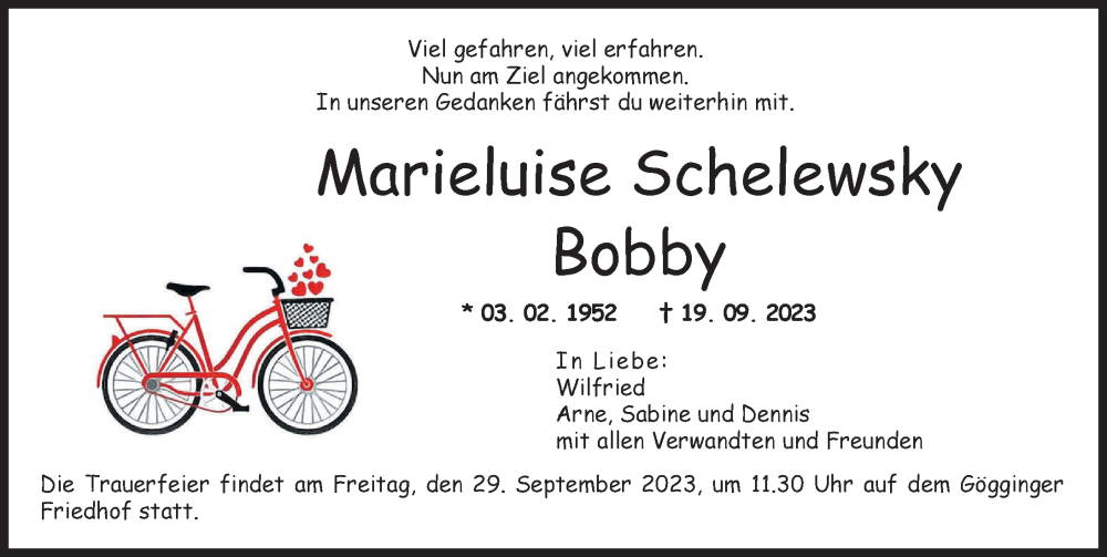 Traueranzeige für Marieluise Schelewsky vom 23.09.2023 aus Augsburger Allgemeine