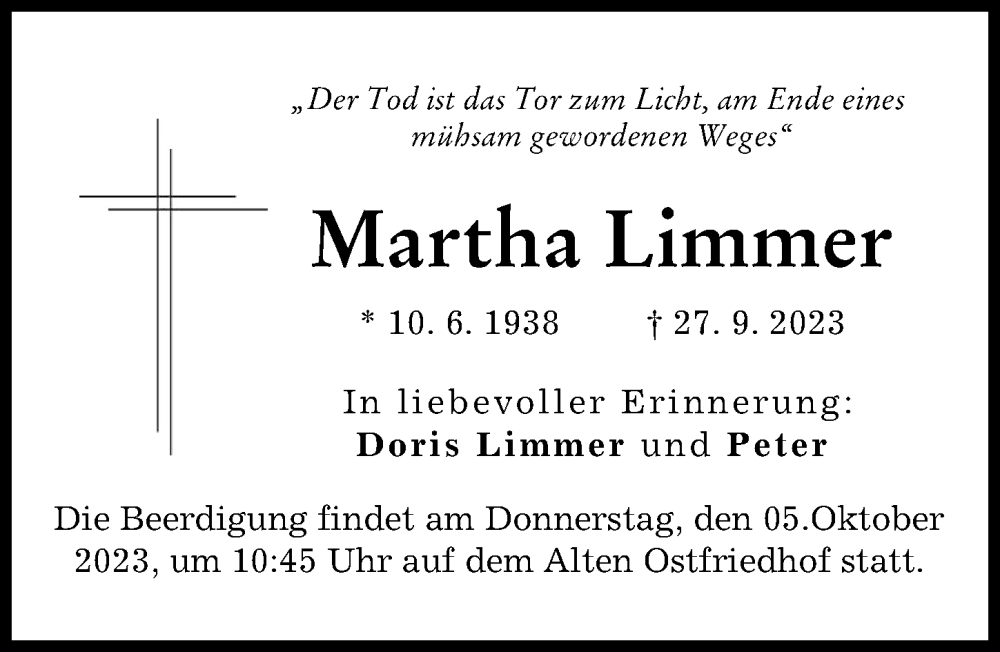  Traueranzeige für Martha Limmer vom 30.09.2023 aus Augsburger Allgemeine