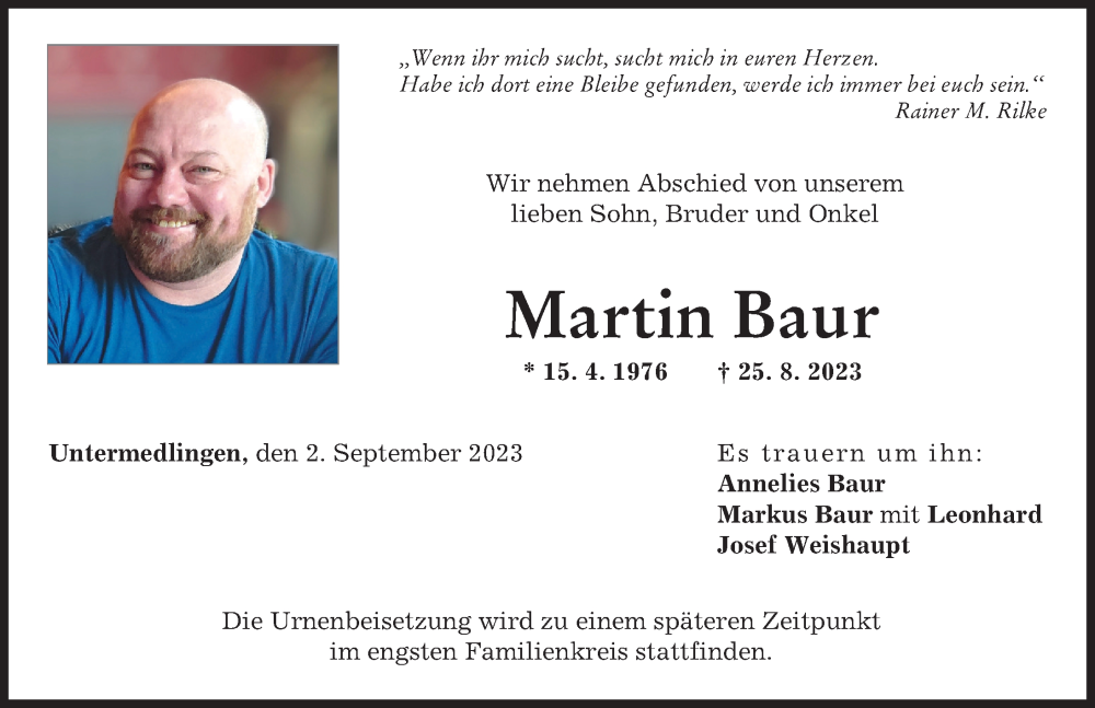  Traueranzeige für Martin Baur vom 02.09.2023 aus Donau Zeitung