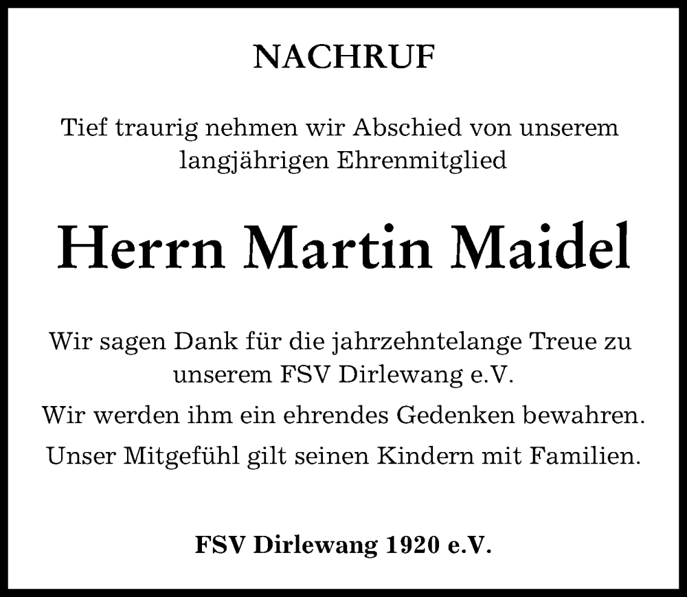  Traueranzeige für Martin Maidel vom 30.09.2023 aus Mindelheimer Zeitung