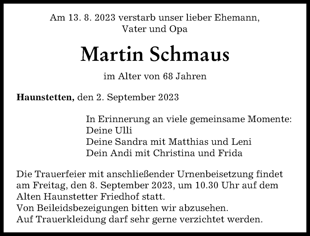 Traueranzeige von Martin Schmaus von Augsburger Allgemeine