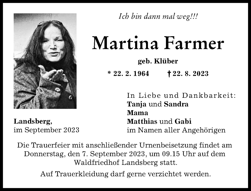 Traueranzeige von Martina Farmer von Landsberger Tagblatt