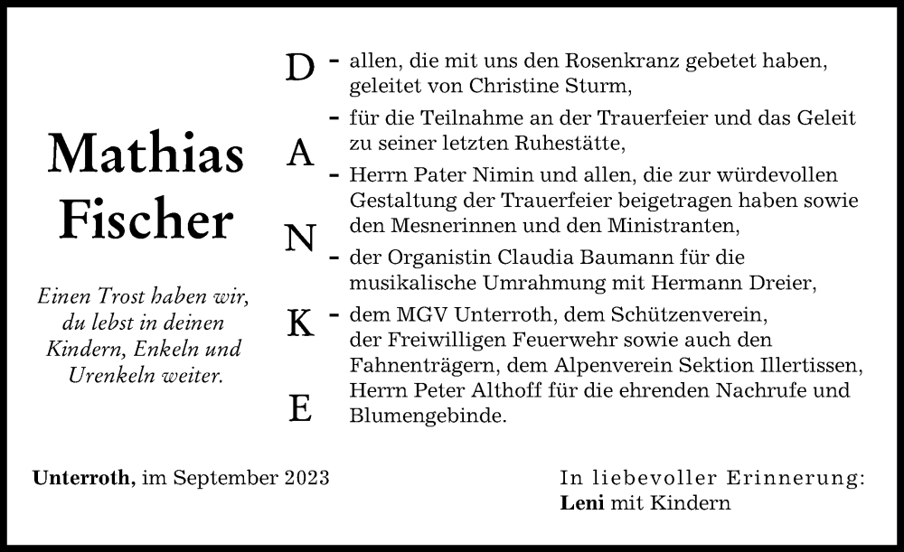 Traueranzeige von Mathias Fischer von Illertisser Zeitung