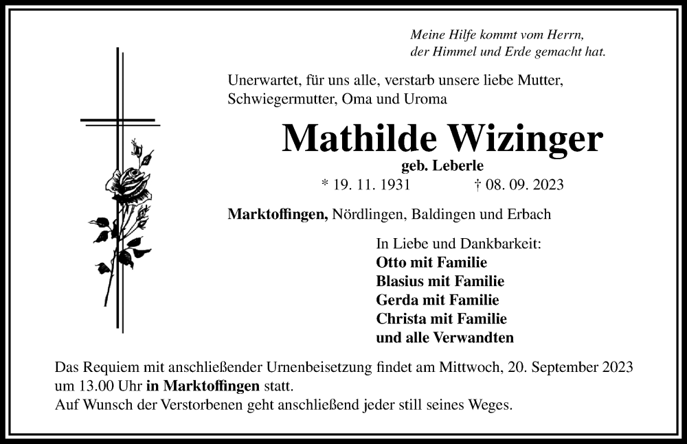  Traueranzeige für Mathilde Wizinger vom 18.09.2023 aus Rieser Nachrichten