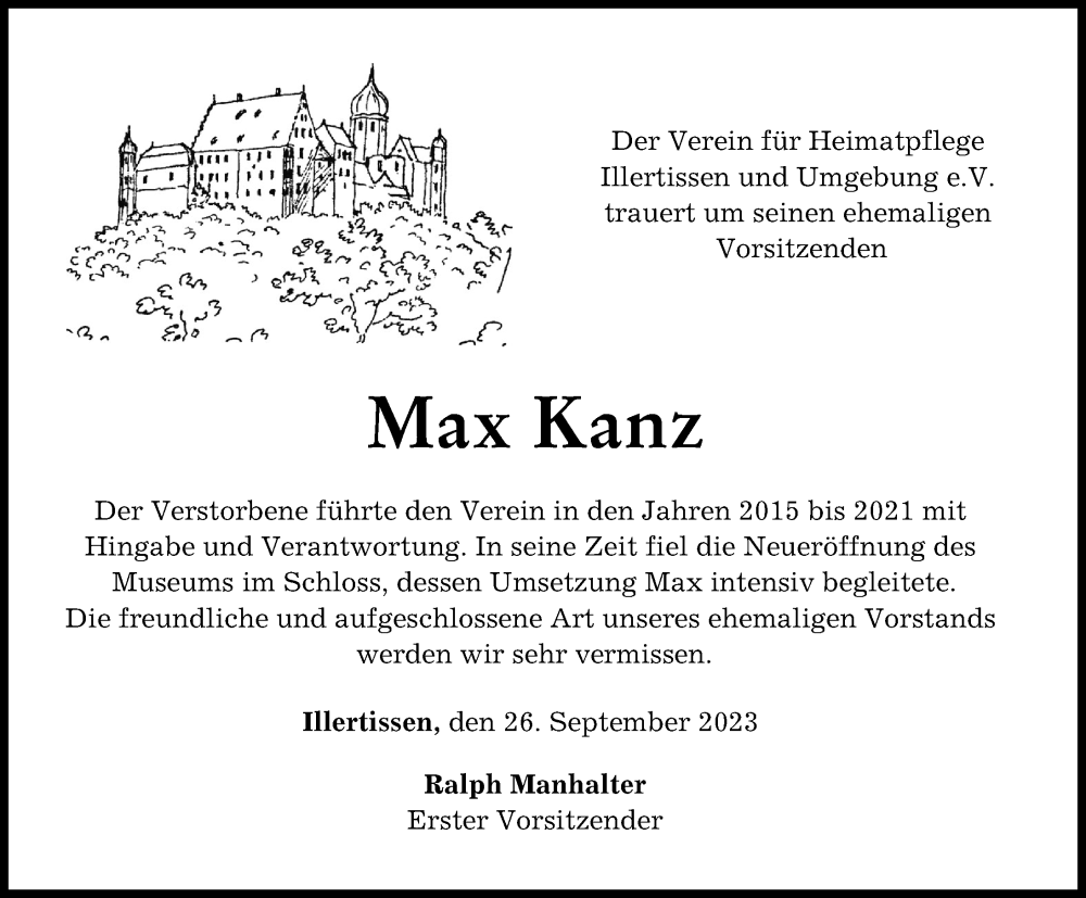  Traueranzeige für Max Kanz vom 26.09.2023 aus Illertisser Zeitung