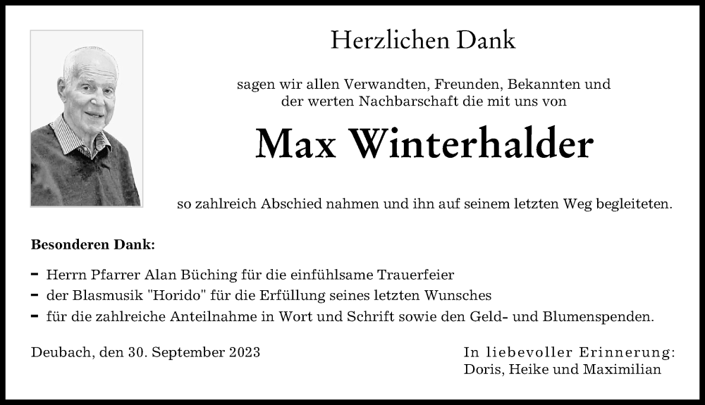 Traueranzeige von Max Winterhalder von Augsburger Allgemeine