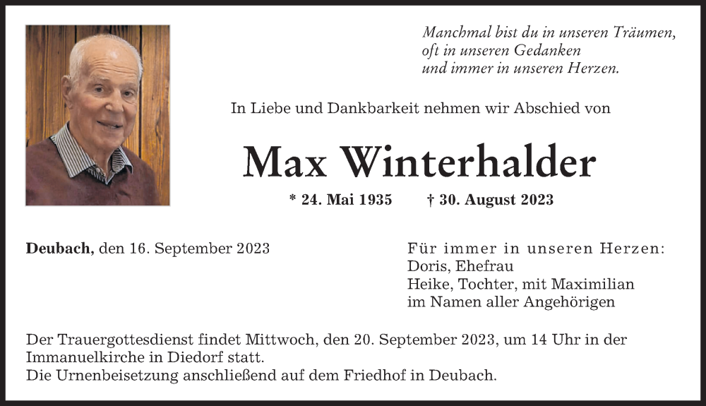 Traueranzeige von Max Winterhalder von Augsburger Allgemeine