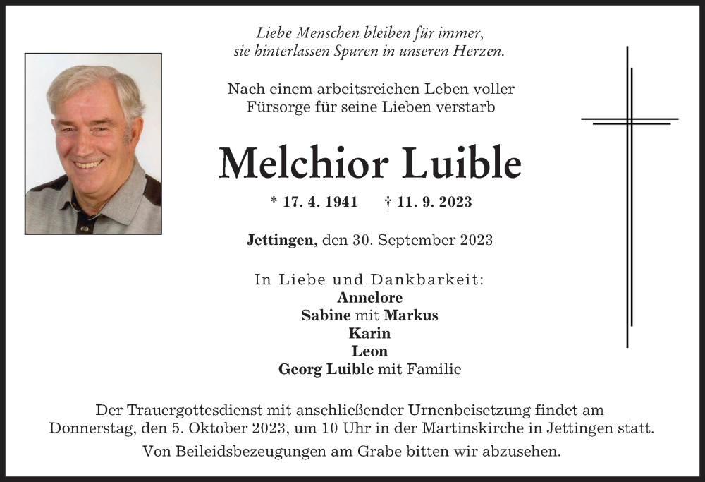  Traueranzeige für Melchior Luible vom 30.09.2023 aus Günzburger Zeitung