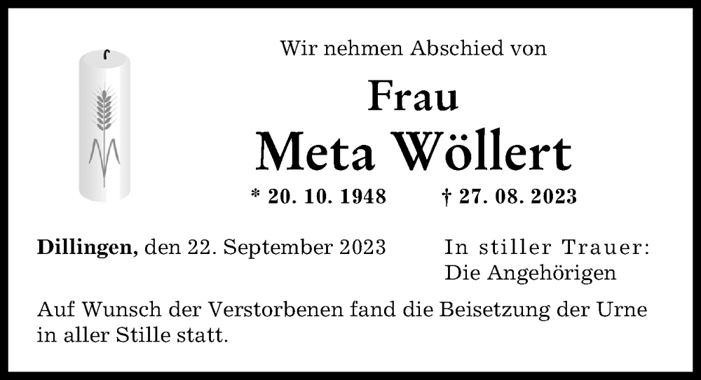  Traueranzeige für Meta Wöllert vom 22.09.2023 aus Donau Zeitung