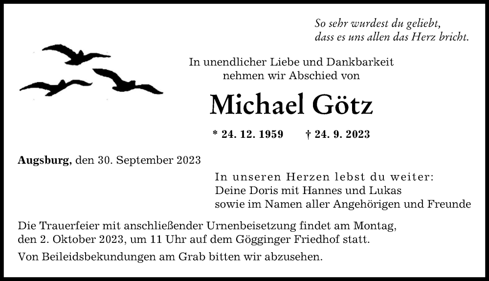  Traueranzeige für Michael Götz vom 30.09.2023 aus Augsburger Allgemeine