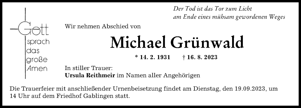 Traueranzeigen von Michael Grünwald | Augsburger Allgemeine Zeitung