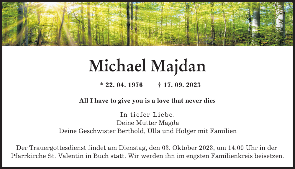  Traueranzeige für Michael Majdan vom 29.09.2023 aus Illertisser Zeitung, Mittelschwäbische Nachrichten