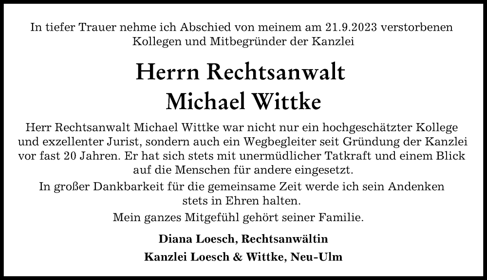 Traueranzeigen Von Michael Wittke Augsburger Allgemeine Zeitung