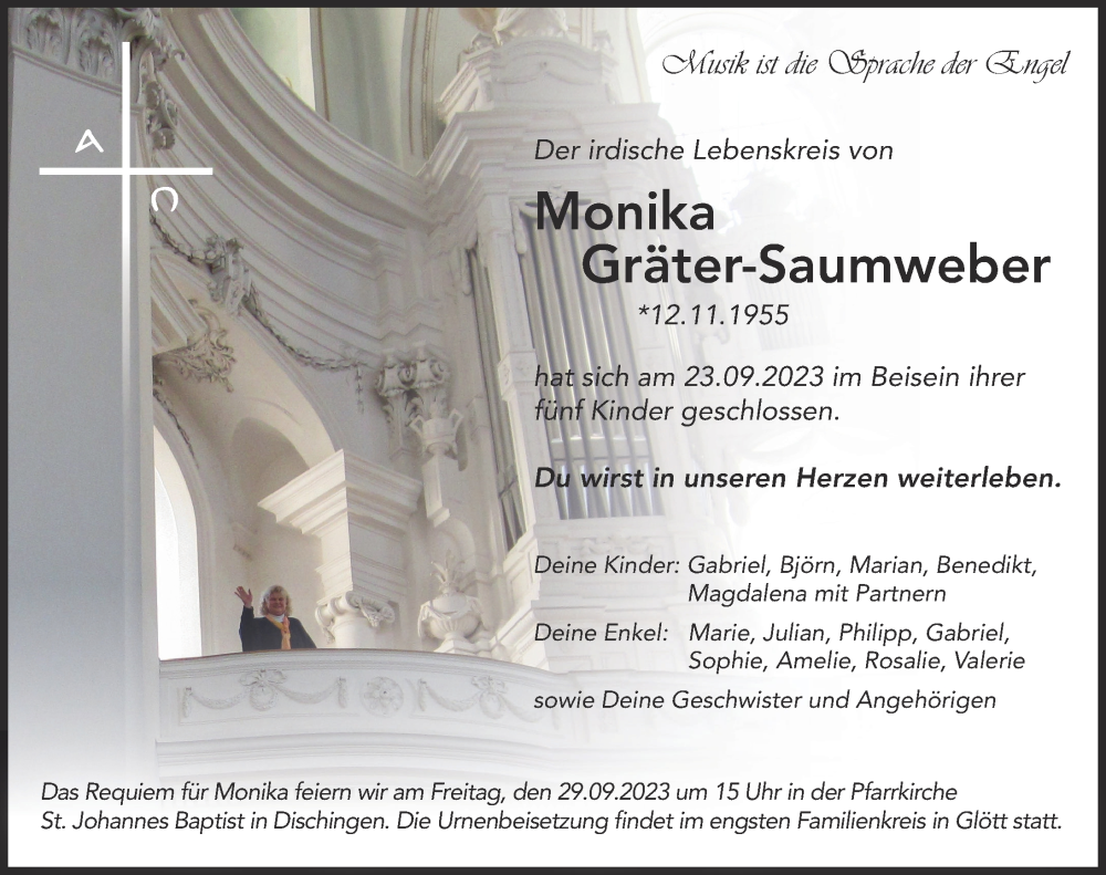  Traueranzeige für Monika Gräter-Saumweber vom 27.09.2023 aus Donau Zeitung