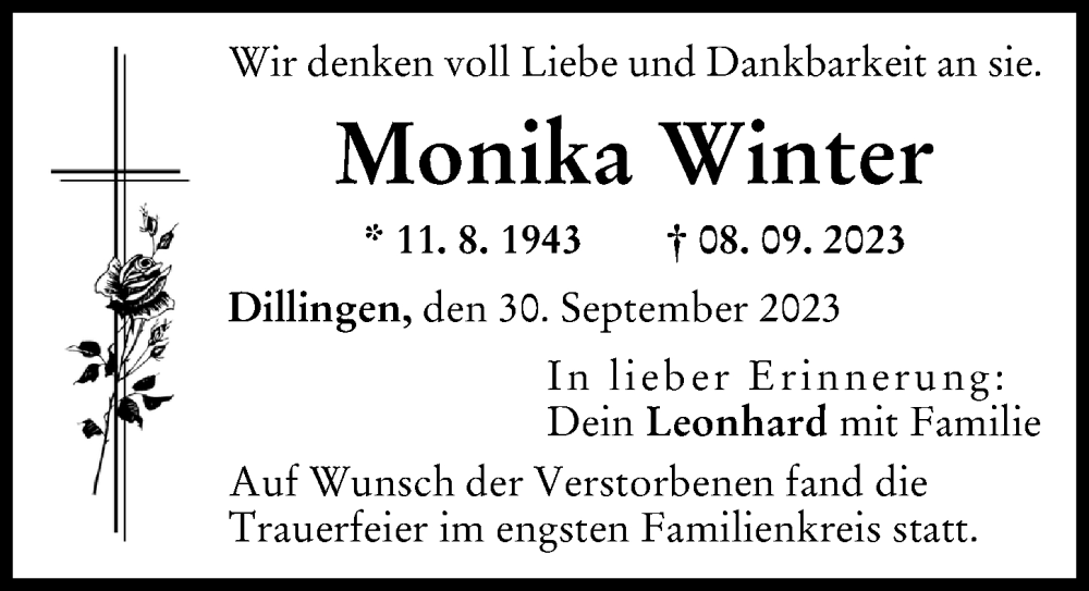  Traueranzeige für Monika Winter vom 30.09.2023 aus Donau Zeitung
