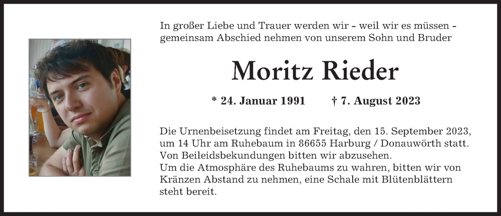  Traueranzeige für Moritz Rieder vom 09.09.2023 aus Augsburger Allgemeine