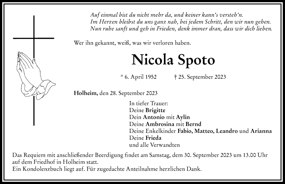  Traueranzeige für Nicola Spoto vom 28.09.2023 aus Rieser Nachrichten