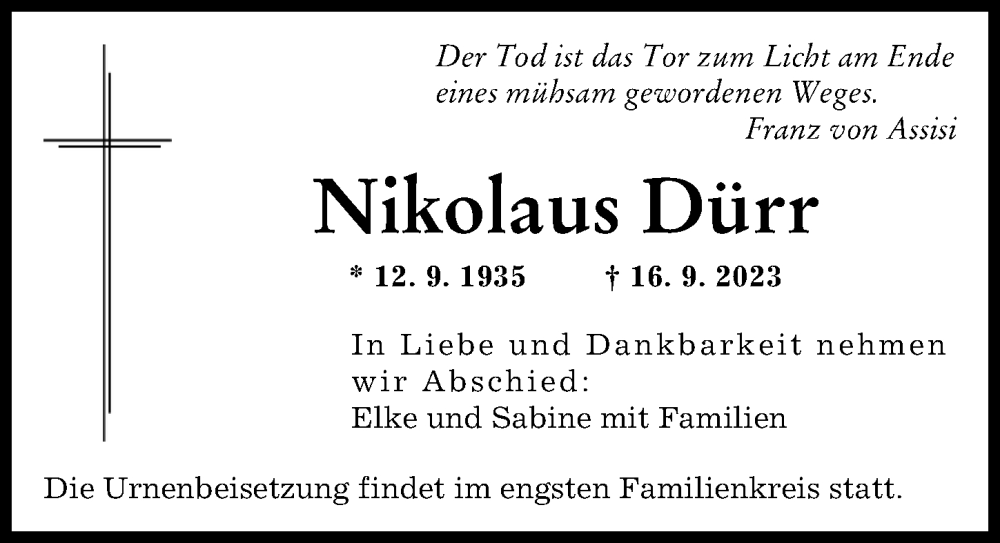  Traueranzeige für Nikolaus Dürr vom 23.09.2023 aus Augsburger Allgemeine