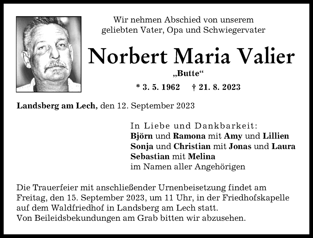 Traueranzeige von Norbert Maria Valier von Landsberger Tagblatt