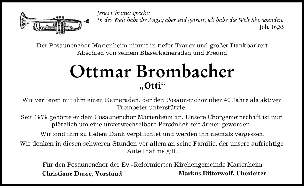  Traueranzeige für Ottmar Brombacher vom 13.09.2023 aus Neuburger Rundschau