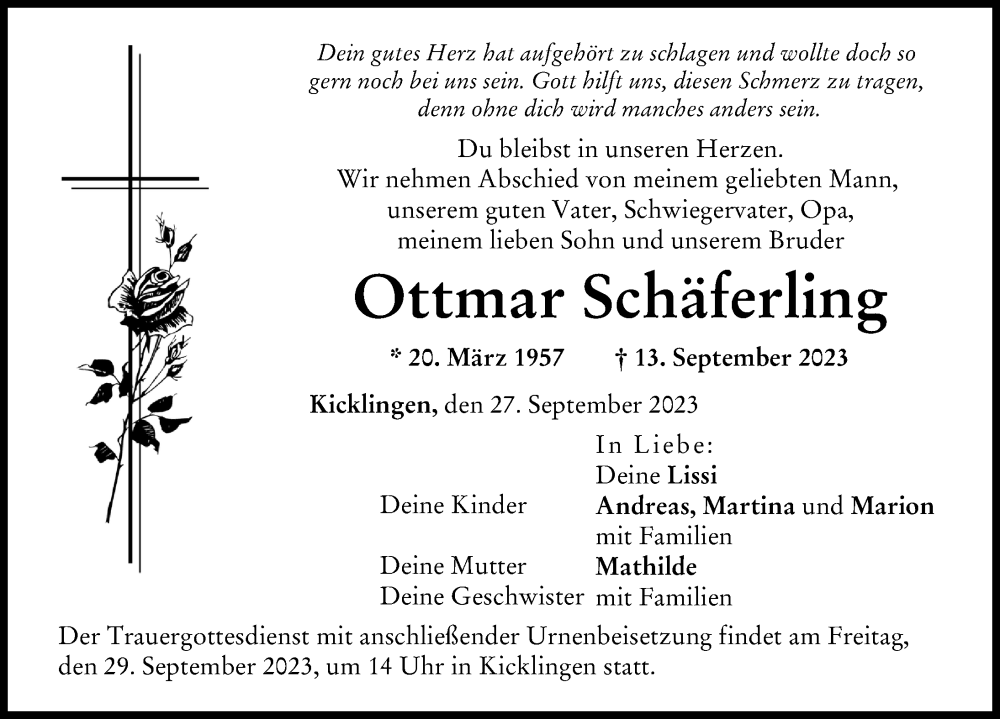  Traueranzeige für Ottmar Schäferling vom 27.09.2023 aus Donau Zeitung