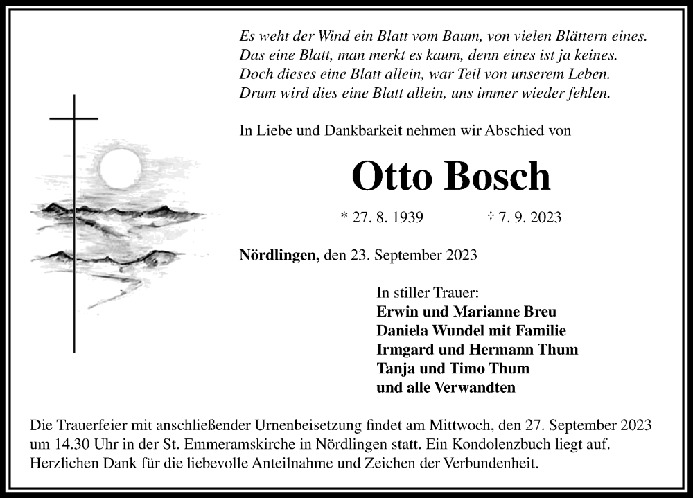  Traueranzeige für Otto Bosch vom 23.09.2023 aus Rieser Nachrichten
