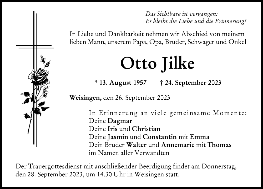  Traueranzeige für Otto Jilke vom 26.09.2023 aus Donau Zeitung