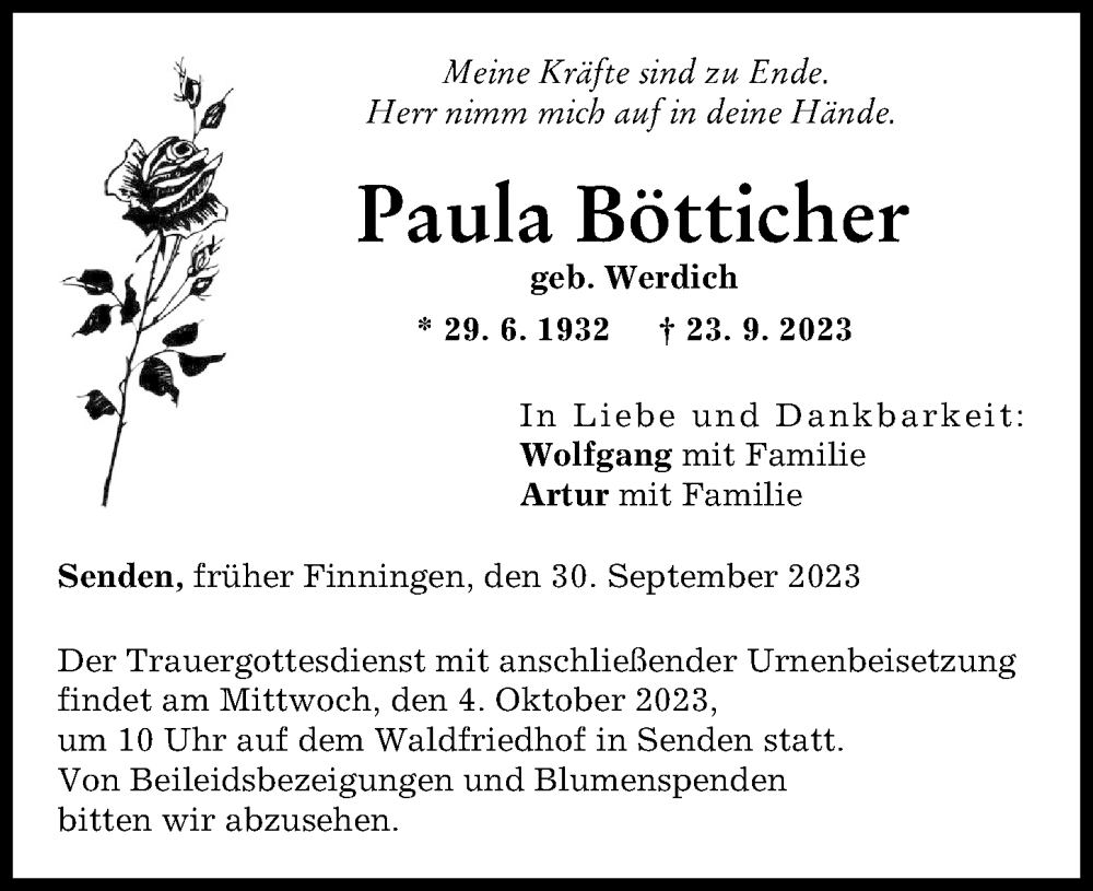  Traueranzeige für Paula Bötticher vom 30.09.2023 aus Neu-Ulmer Zeitung