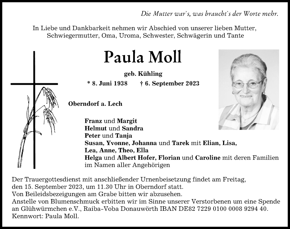  Traueranzeige für Paula Moll vom 09.09.2023 aus Donauwörther Zeitung