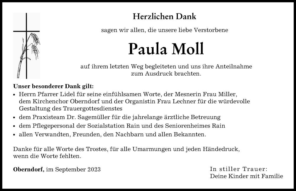 Traueranzeige von Paula Moll von Donauwörther Zeitung