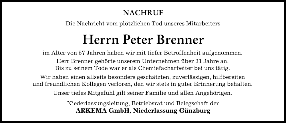 Traueranzeige von Peter Brenner von Günzburger Zeitung