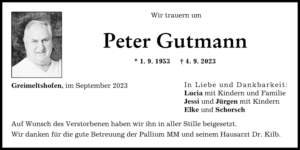  Traueranzeige für Peter Gutmann vom 23.09.2023 aus Illertisser Zeitung