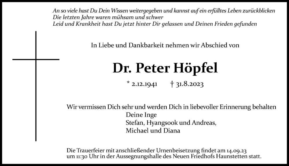 Traueranzeige von Peter Höpfel von Augsburger Allgemeine