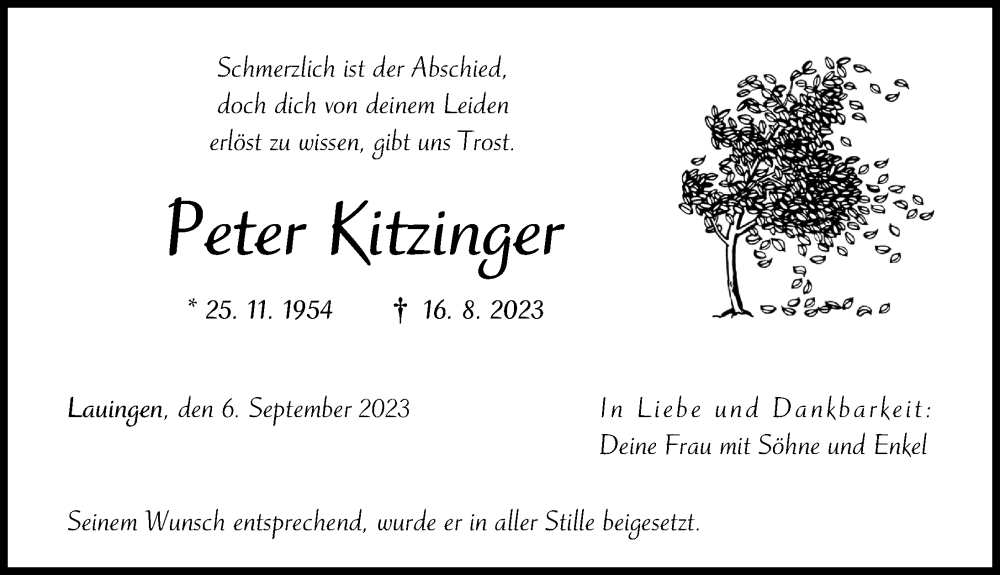 Traueranzeige für Peter Kitzinger vom 06.09.2023 aus Donau Zeitung