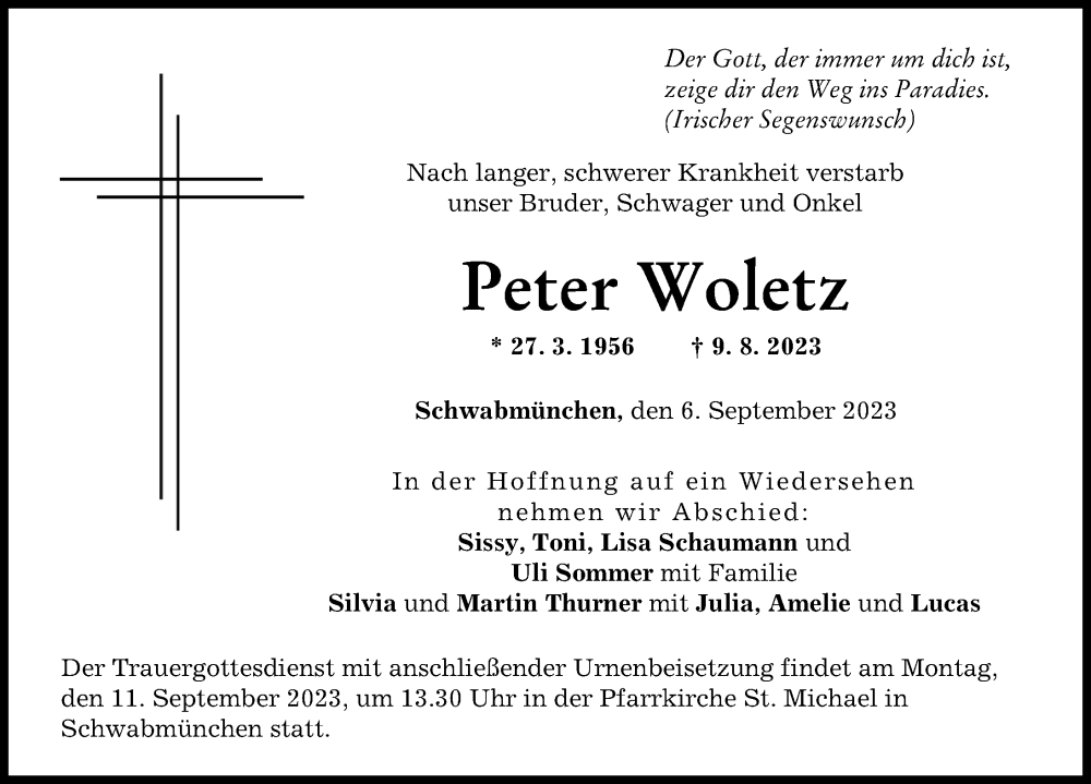 Traueranzeige von Peter Woletz von Schwabmünchner Allgemeine